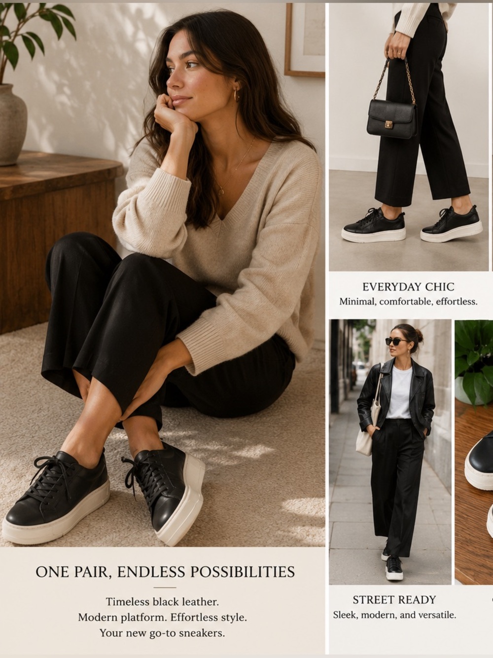 Vagabond Black Leather Platform Sneakers with White Sole